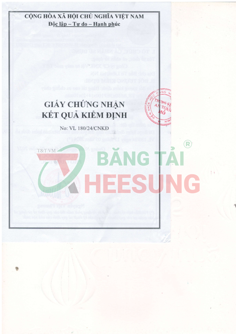 GIẤY CHỨNG NHẬN KIỂM ĐỊNH KẾT QUẢ CHỐNG CHÁY BĂNG TẢI HEESUNG