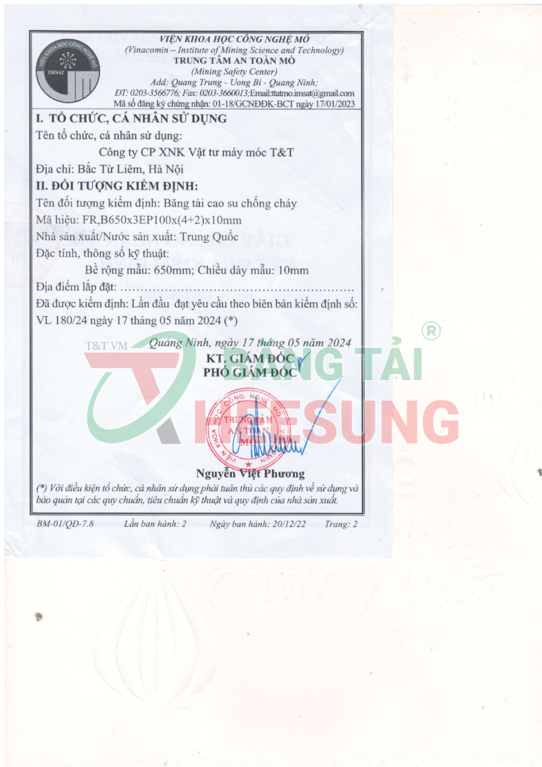 GIẤY CHỨNG NHẬN KIỂM ĐỊNH KẾT QUẢ CHỐNG CHÁY BĂNG TẢI HEESUNG