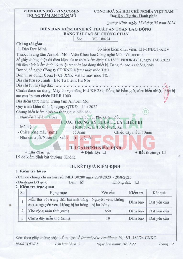 GIẤY CHỨNG NHẬN KIỂM ĐỊNH KẾT QUẢ CHỐNG CHÁY BĂNG TẢI HEESUNG