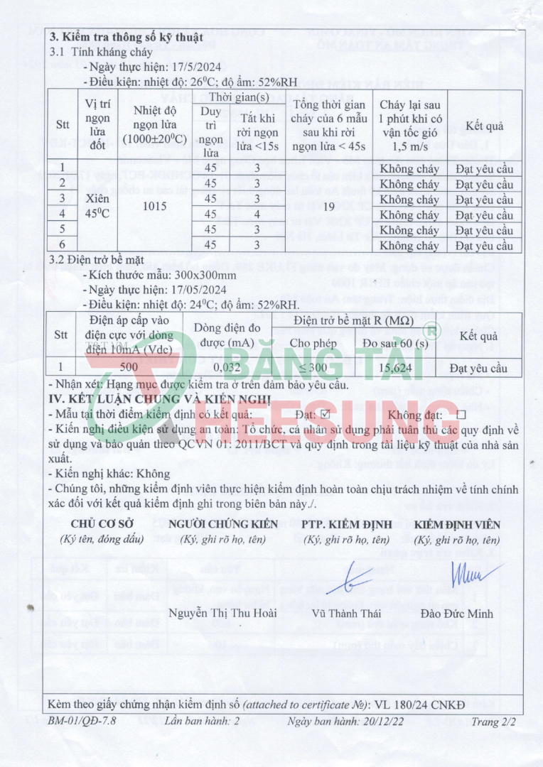 GIẤY CHỨNG NHẬN KIỂM ĐỊNH KẾT QUẢ CHỐNG CHÁY BĂNG TẢI HEESUNG