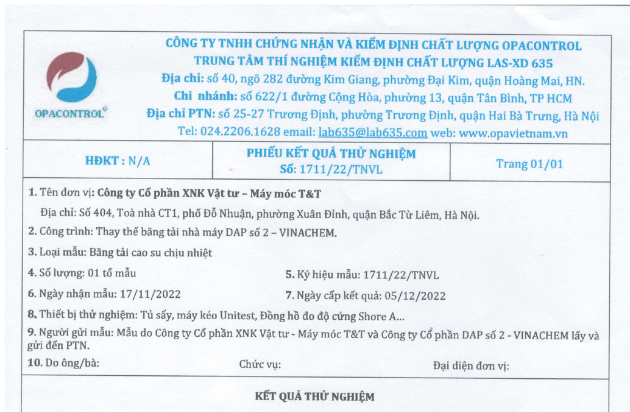 GIẤY CHỨNG NHẬN KIỂM ĐỊNH CHẤT LƯỢNG BĂNG TẢI CHỊU NHIỆT